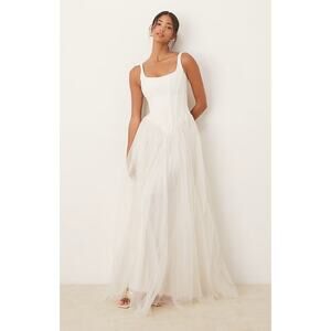 Lace & Beads Dress Womens UK8 Ivory Natural Corset Tulle Drop Hem Maxi